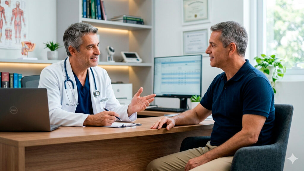 homem em consulta com urologista em ambiente médico