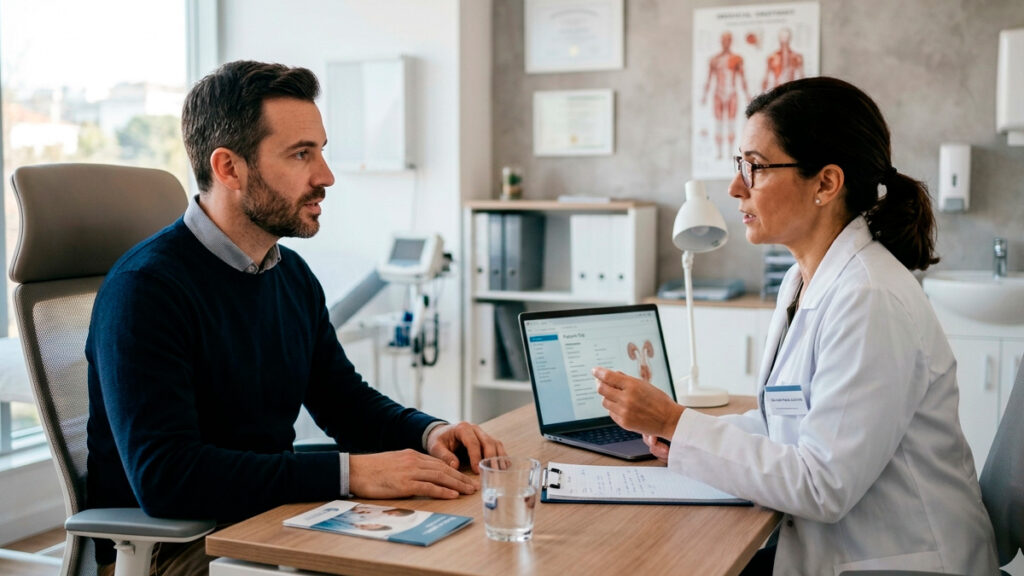 homem em consulta com médica urologista discutindo vasectomia