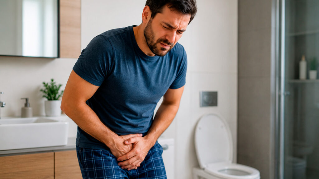 homem com desconforto urinário segurando a parte inferior do abdômen